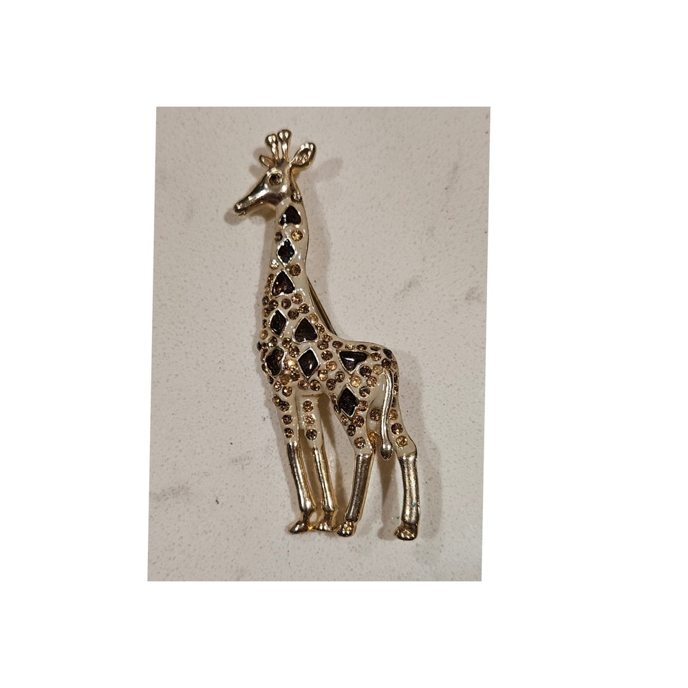 Vintage Gold Tone Giraffe Brooch Brown Enamel Amber Rhinestone Animal Pin